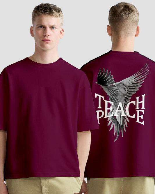 teach peace maroon cotton oversized tshirt.