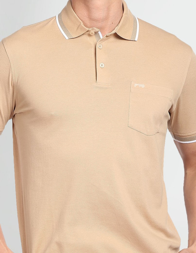 FVO Men's Polo Tshirt Single Pockety  Polo  Neck Cotton Sinker CREAM T-shirt.