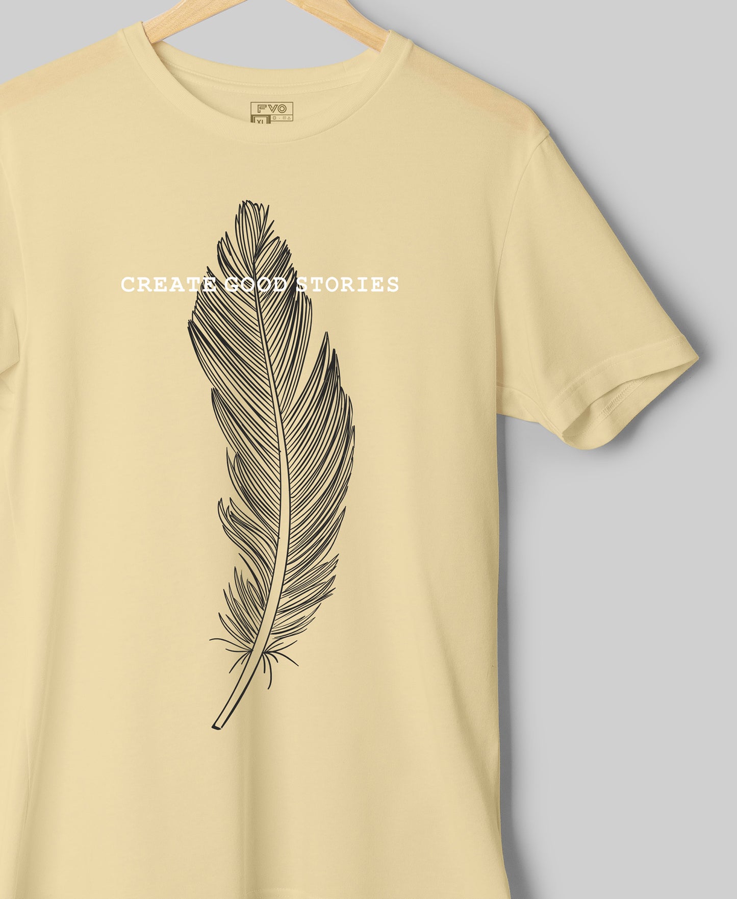 FVO Printed half sleeve round neck cotton Feather Cream t-shirt.