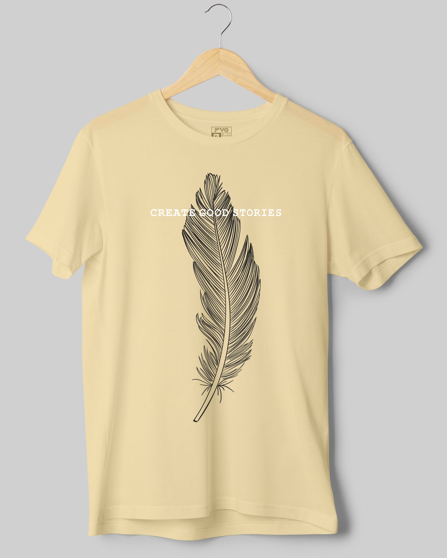 FVO Printed half sleeve round neck cotton Feather Cream t-shirt.