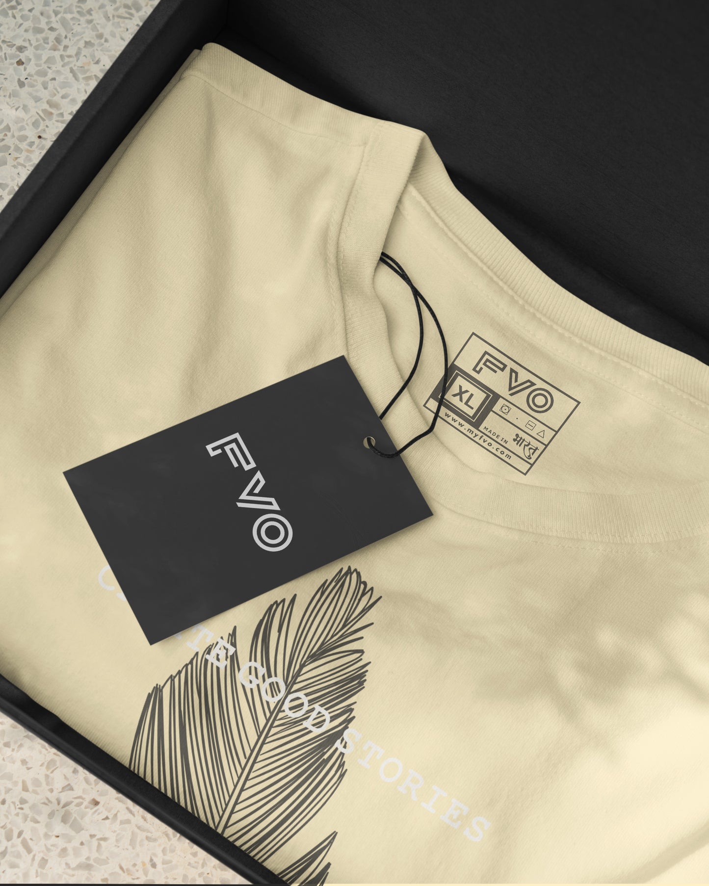 FVO Printed half sleeve round neck cotton Feather Cream t-shirt.