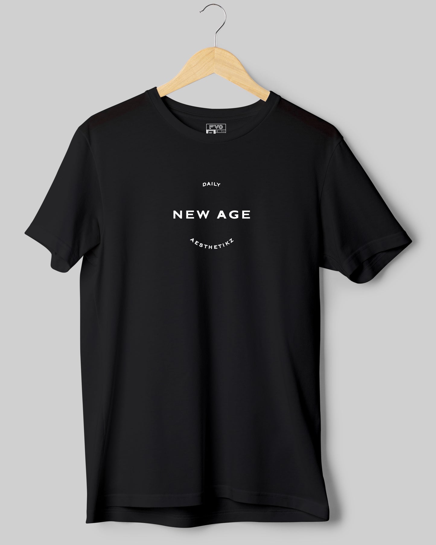 FVO Printed half sleeve round neck cotton New Age Black t-shirt.